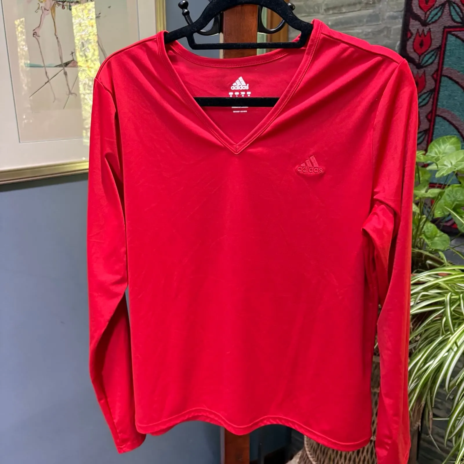 Women's y2K Adidas ClimaLite Athletic Red V-Neck Long Sleeve Shirt size L - Image 3