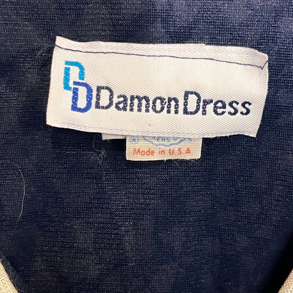 VTG 80s Lace Bow Tie Graphic Pattern Belted Dress SZ M Mad Men Doiley Unique Blue Size M - Image 9