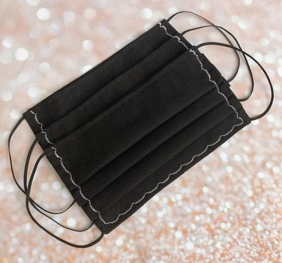 100% Premium Cotton Solid Black With White Scalloped Stitches/embroidery Face Mask - Image 6