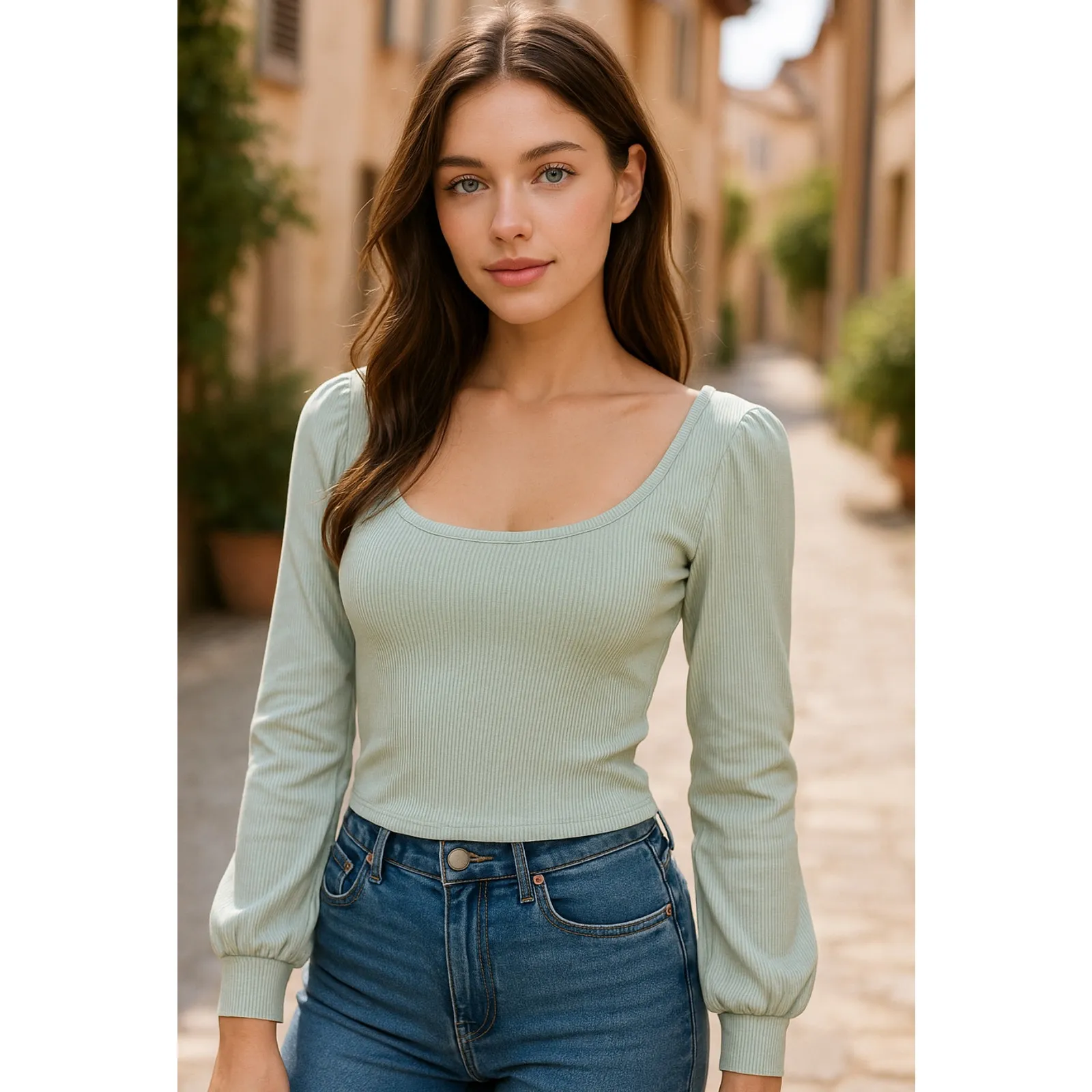 SHEIN Women’s Ribbed Scoop Neck Puff Sleeve Top Small Green Long Sleeve Casual - Image 8