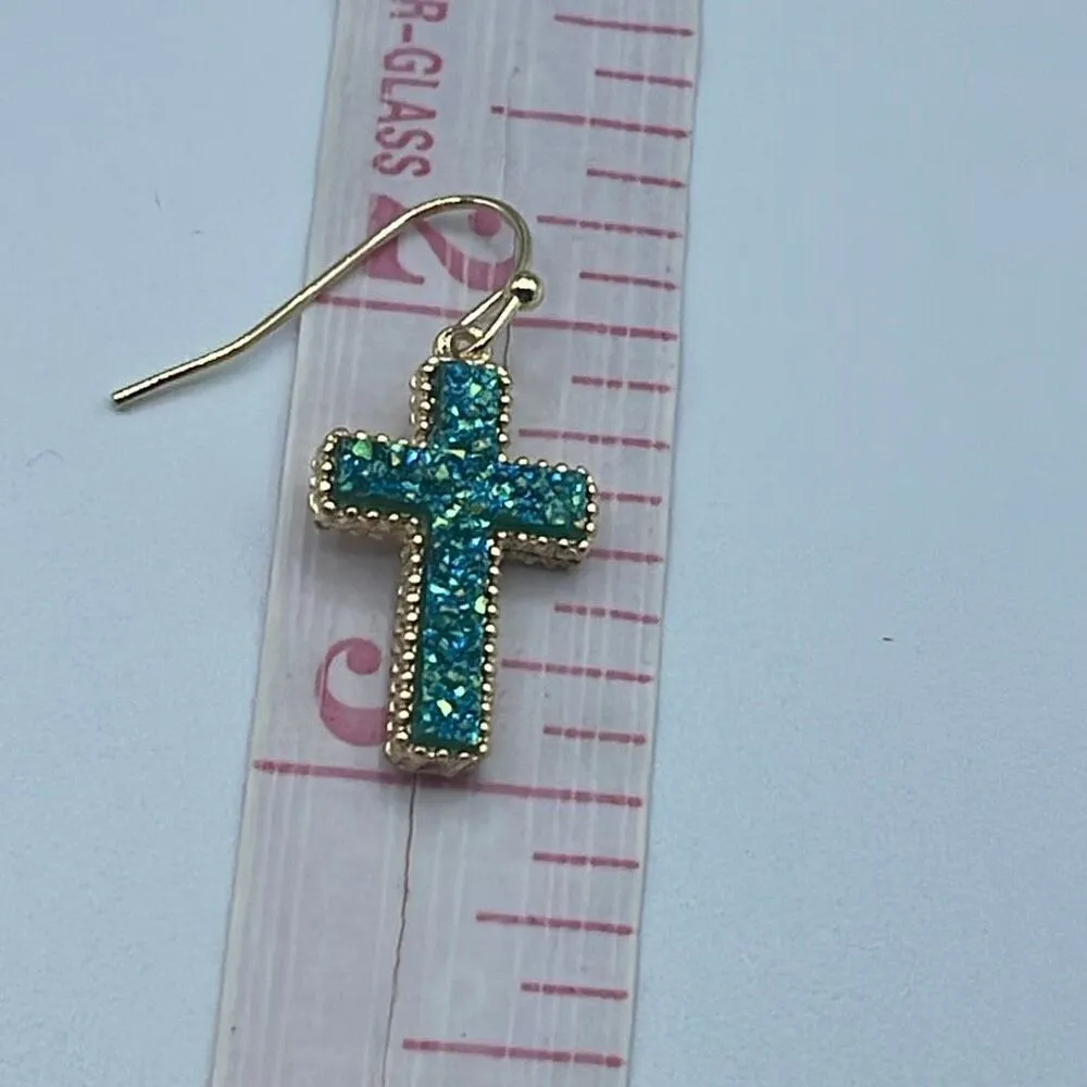NWT Chic & Chic shimmering druzy quartz cross in turquoise blue earrings. - Image 4