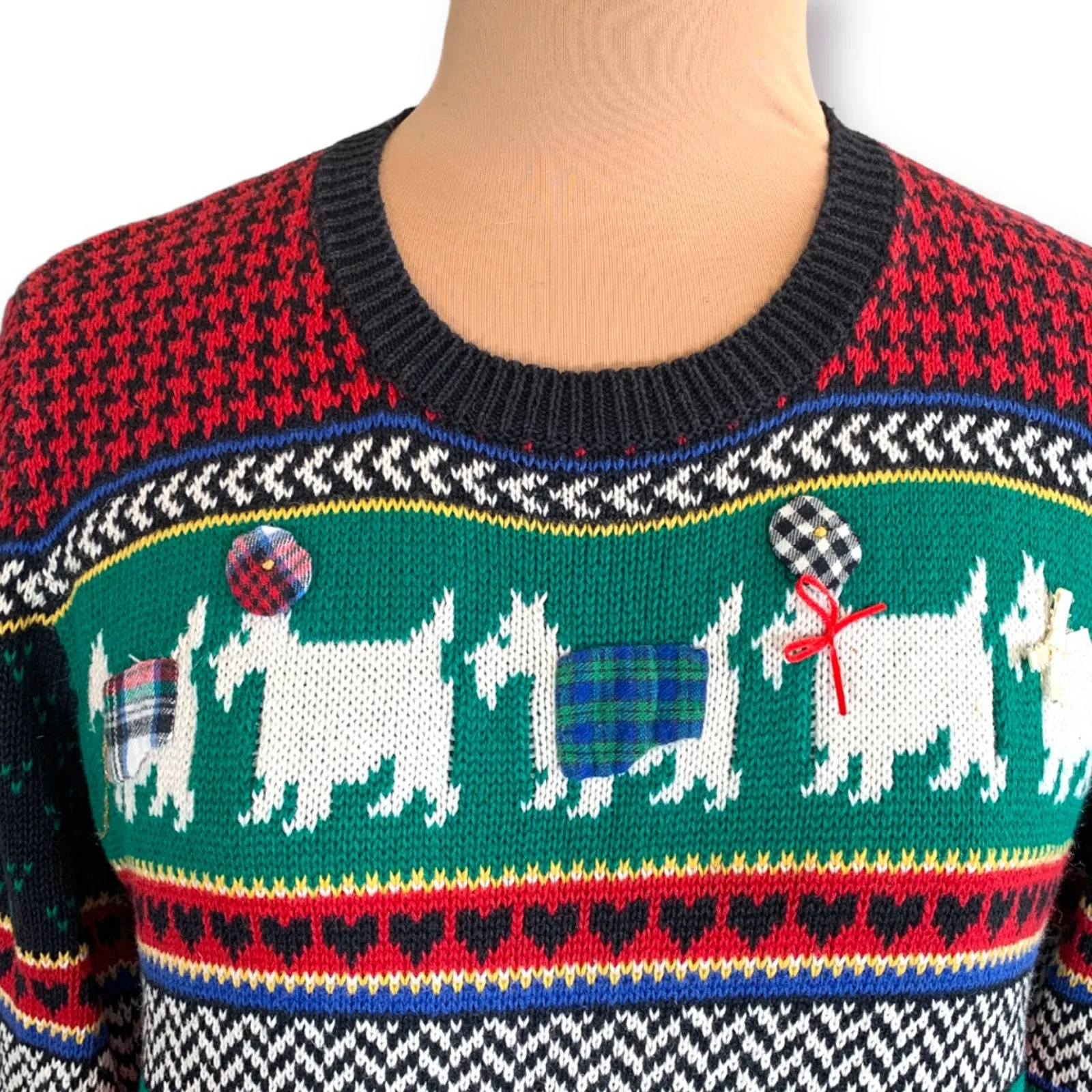 Vintage 90s Susan Bristol Scottie Dog Fair Isle Red Plaid Knit Sweater Large - Image 5