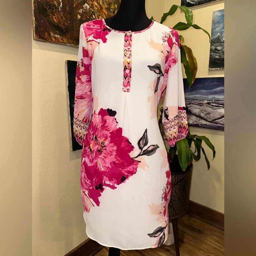 EUC FIG & FLOWER Anthropology Pink  Floral Print Top 3/4 Sleeve Sz S - Image 6