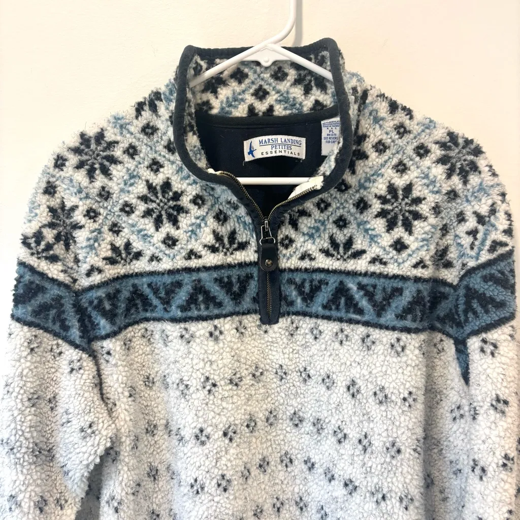 Marsh Landing Blue White 1/4 Zip Sherpa Fleece Sweatshirt Snowflake Fair Isle - Image 2