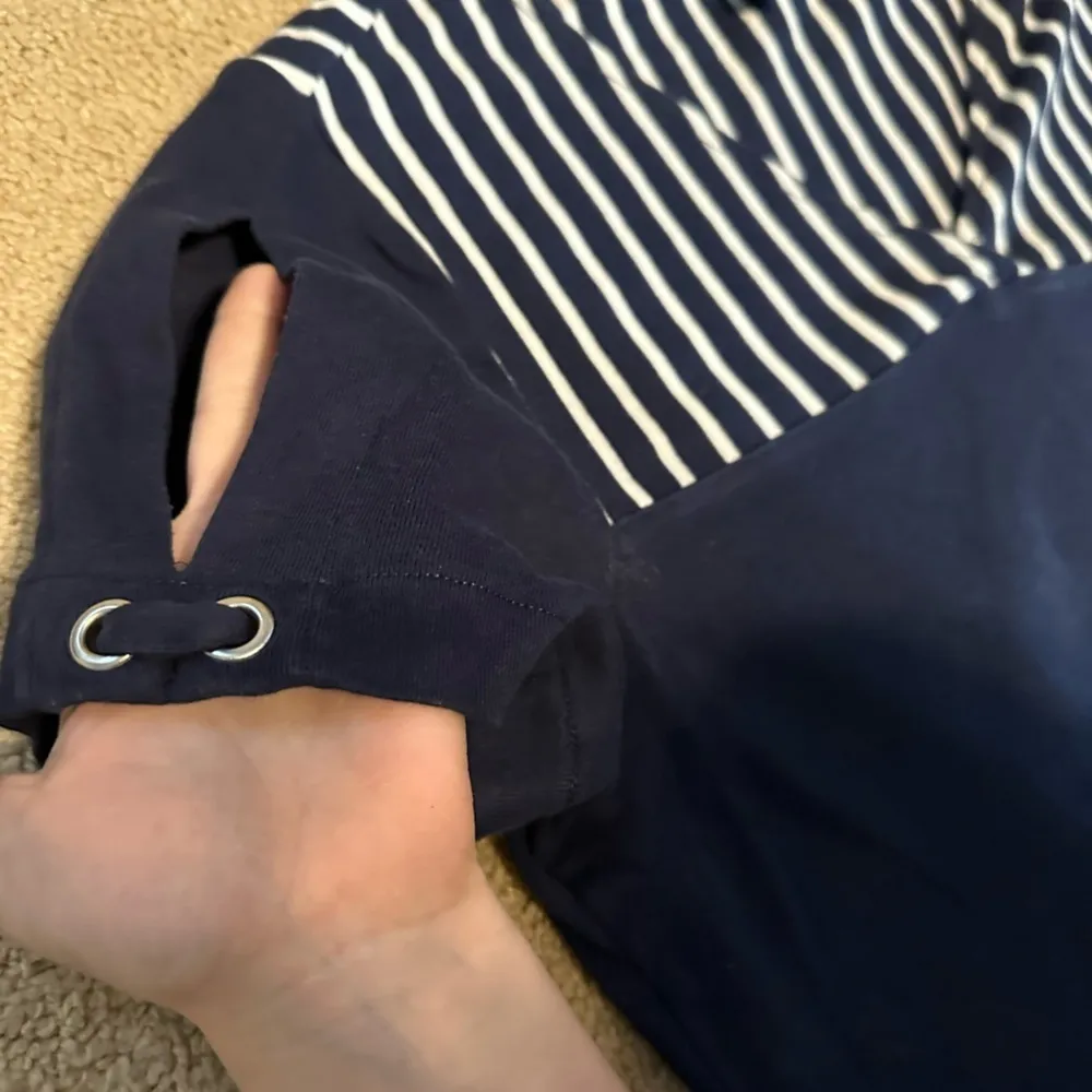 Karen Scott Navy Blue Striped Blouse Tee Medium - Image 2