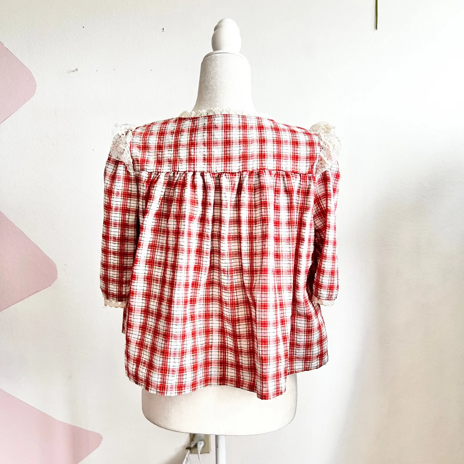 Red Plaid Puff Sleeve Top Cottagecore Milkmaid Blouse Romantic XL - Image 2
