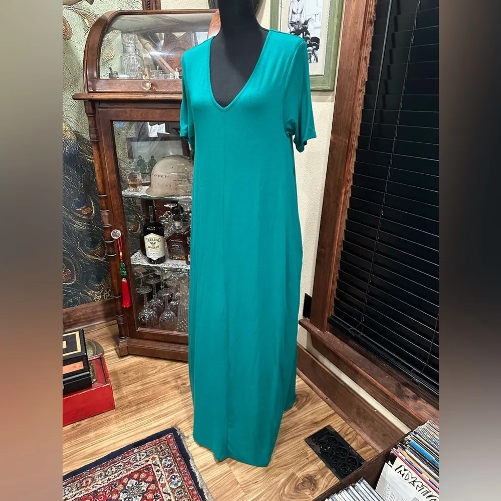 EUC ZENANA PREMIUM TEAL LONG MAXI DRESS W SIDE POCKETS AND V NECK - Image 2
