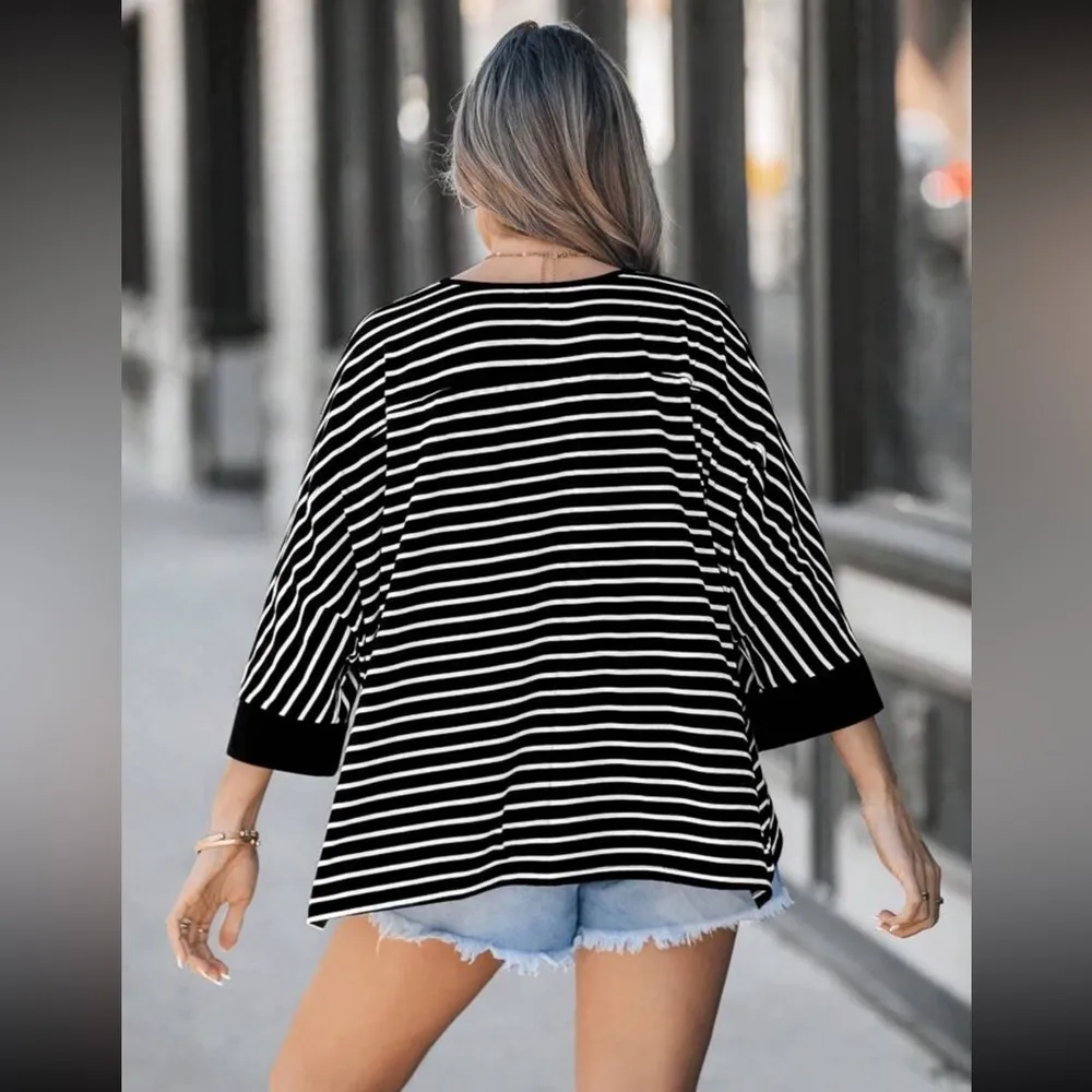 None Casual Loose Fit Striped Batwing Oversized Shirt - Image 4