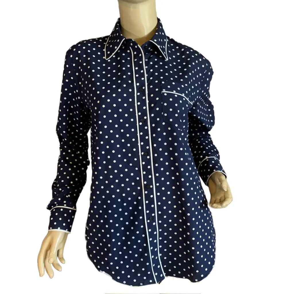 LAUREN RALPH LAUREN NAVY BLUE W/WHITE POLKA DOTS BUTTON DOWN SHIRT (M) - Image 2