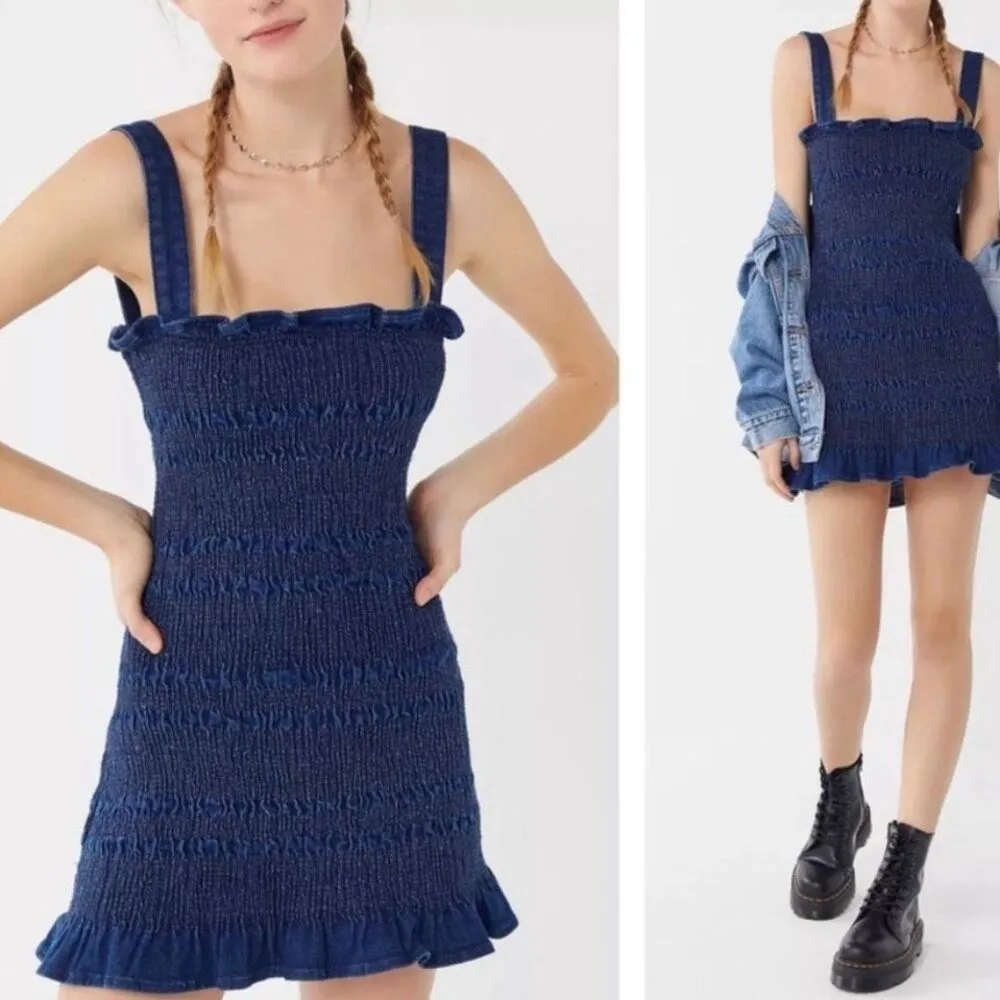 Urban Outfitters denim smocked mini dress size 6 - Image 2