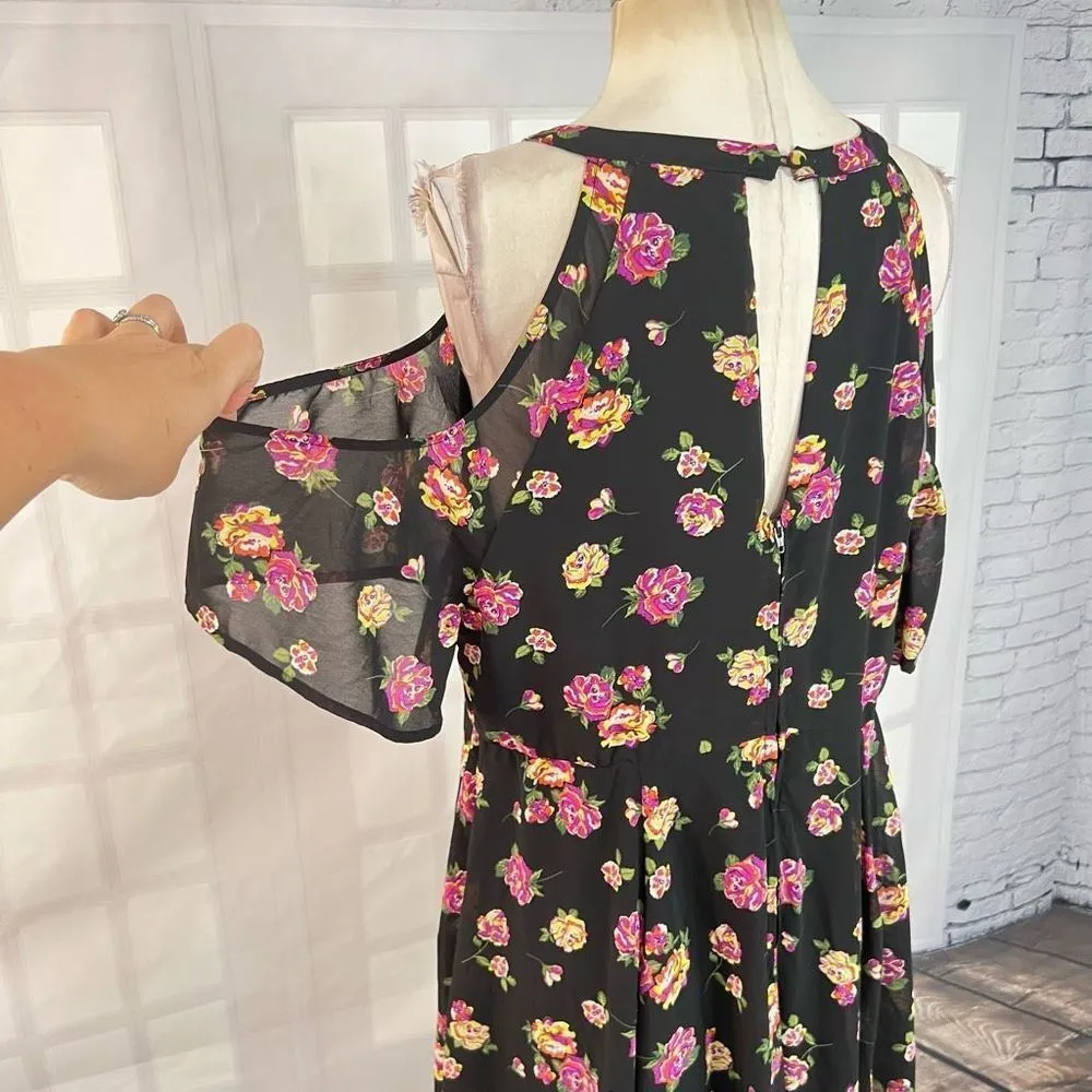 Torrid Halter Neck Floral Cold Shoulder Pleated A-Line Black Dress 16 - Image 6