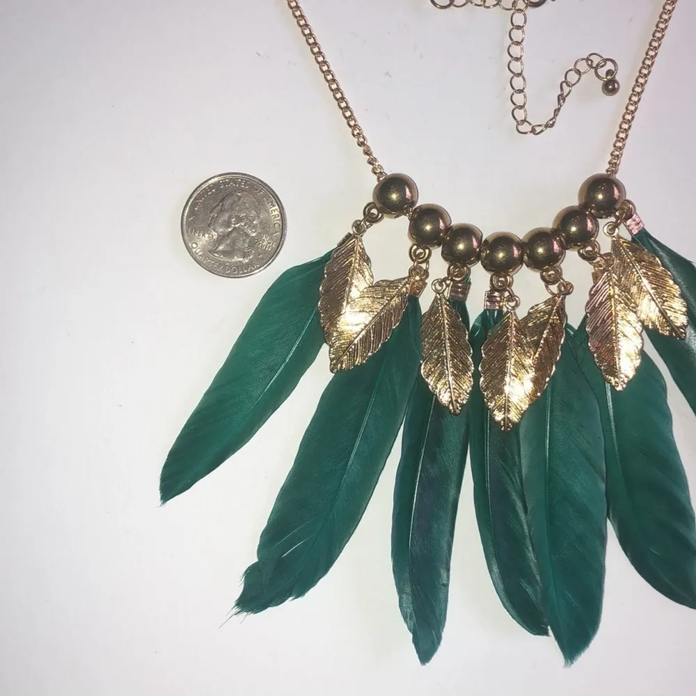 Gold Tone & Green Feather Beaded Boho Statement Necklace - Image 5