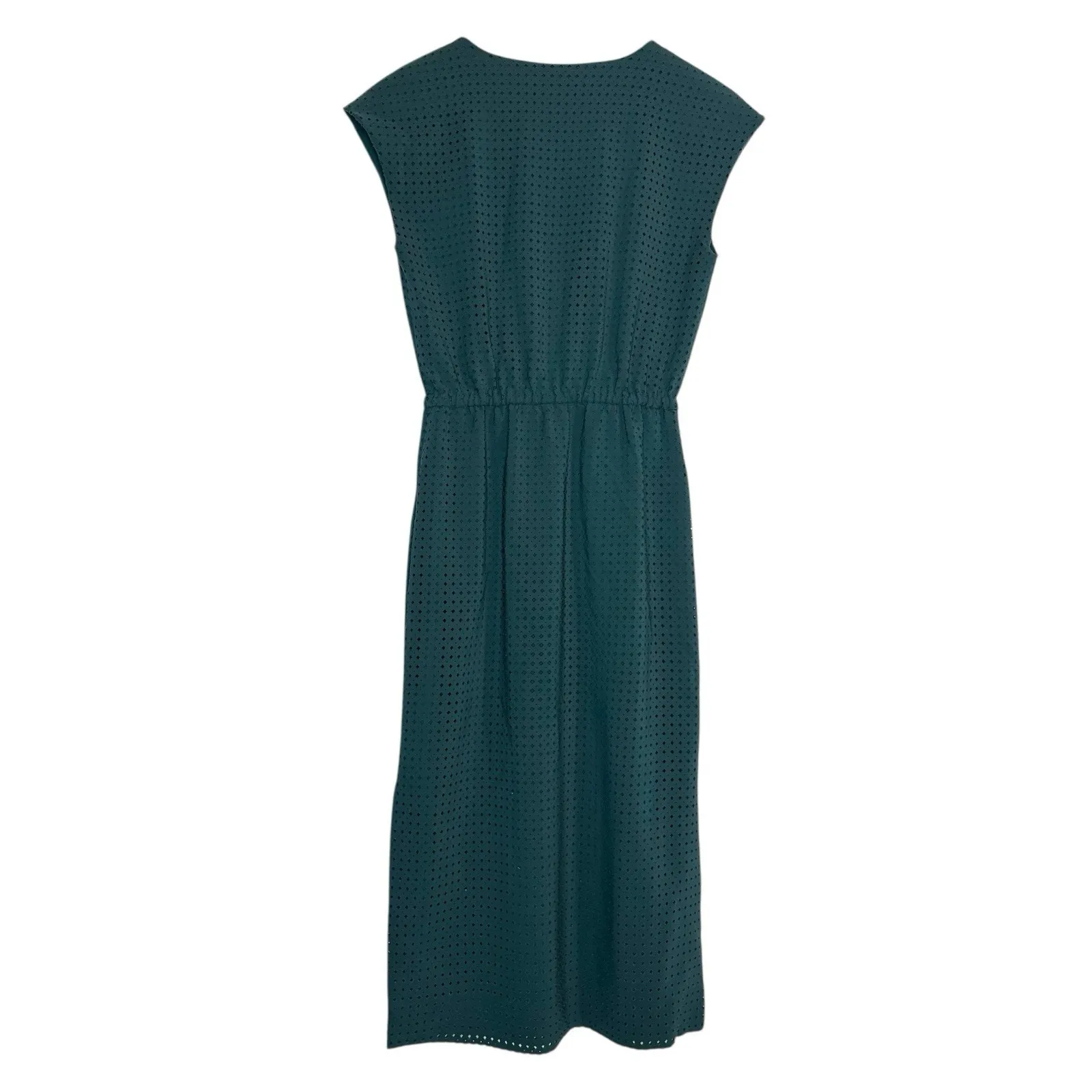 J Crew Perforated Laser Cut Midi‎ Dress Emerald Green XXS 00 Cinch Waist Pockets - Image 7