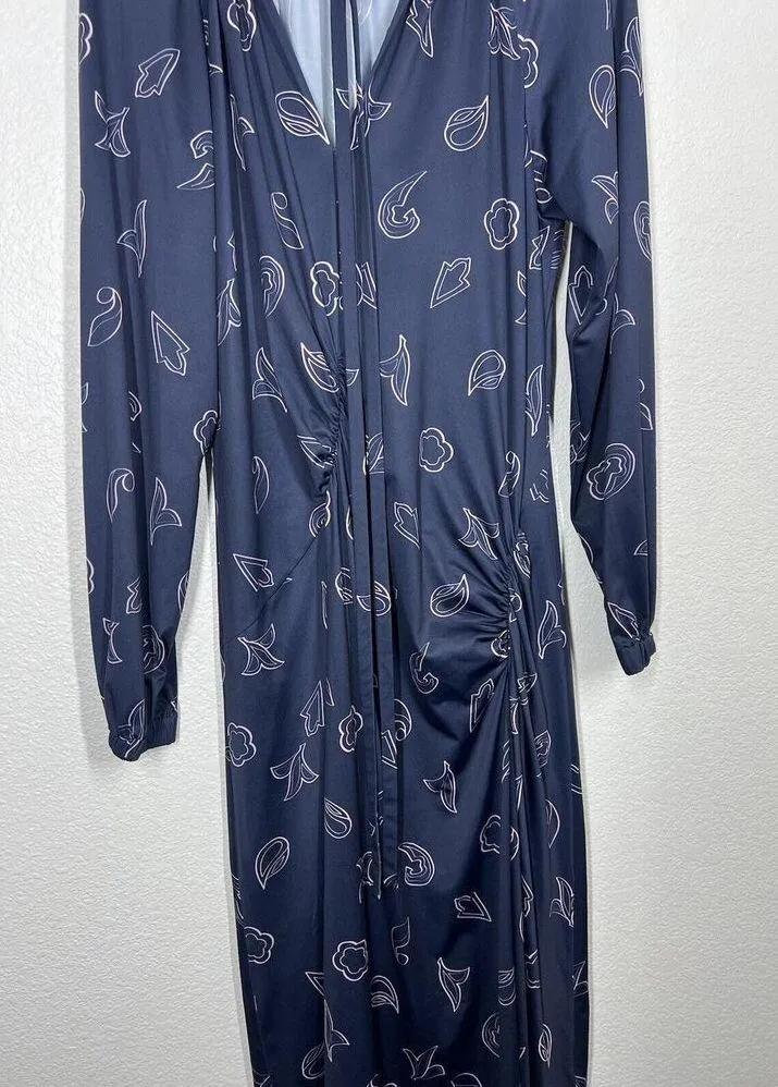 Tibi Remi Print Jersey Midi Dress Size 6 Navy Shirred Long Sleeves - Image 2