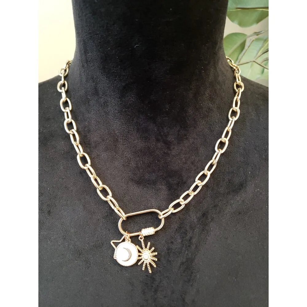 Women Silver Chain Necklace Moon Sun Charm Carabiner Lock Fashion Jewelry - Image 2