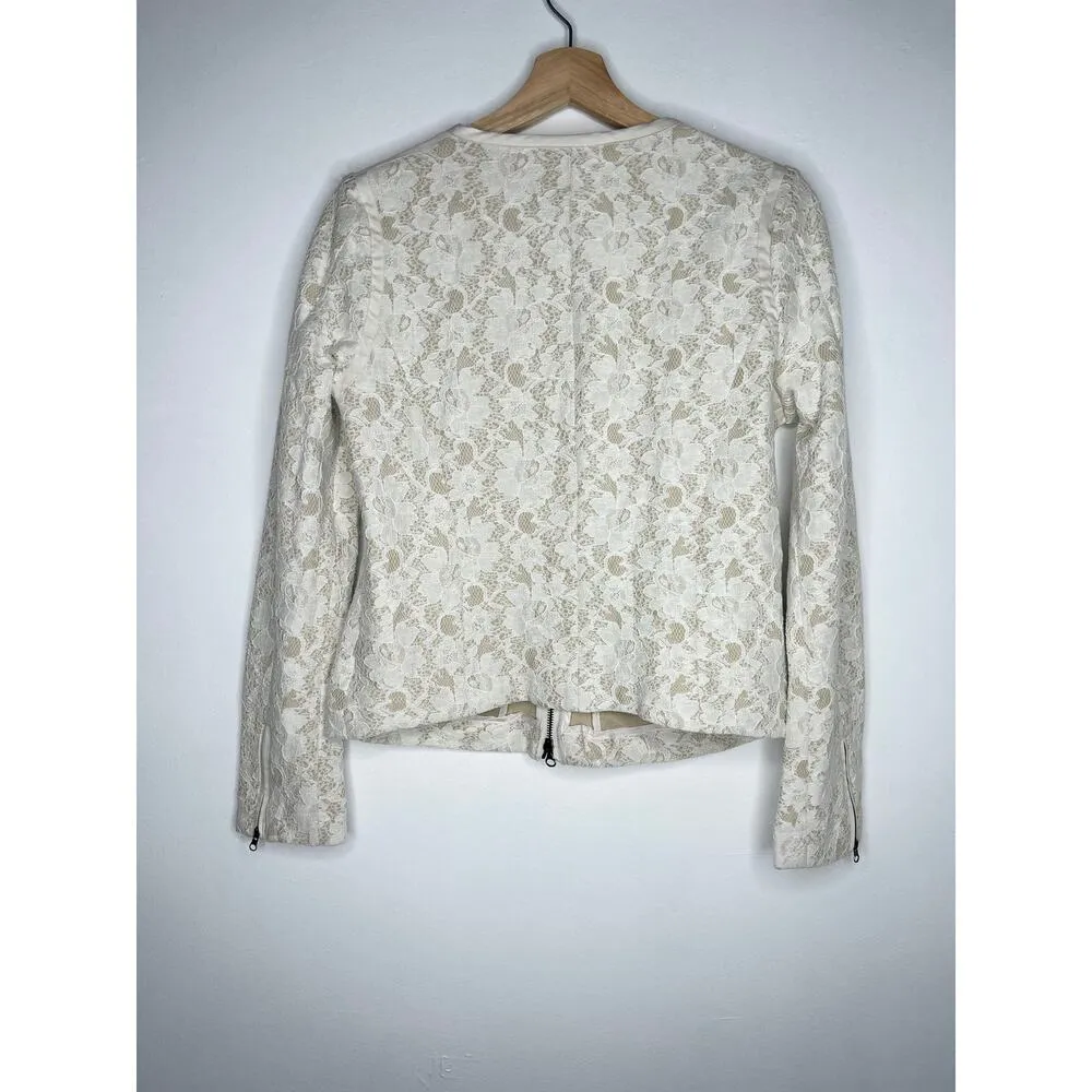Ecru Zipper Front Floral Lace Blazer Jacket 4 - Image 7