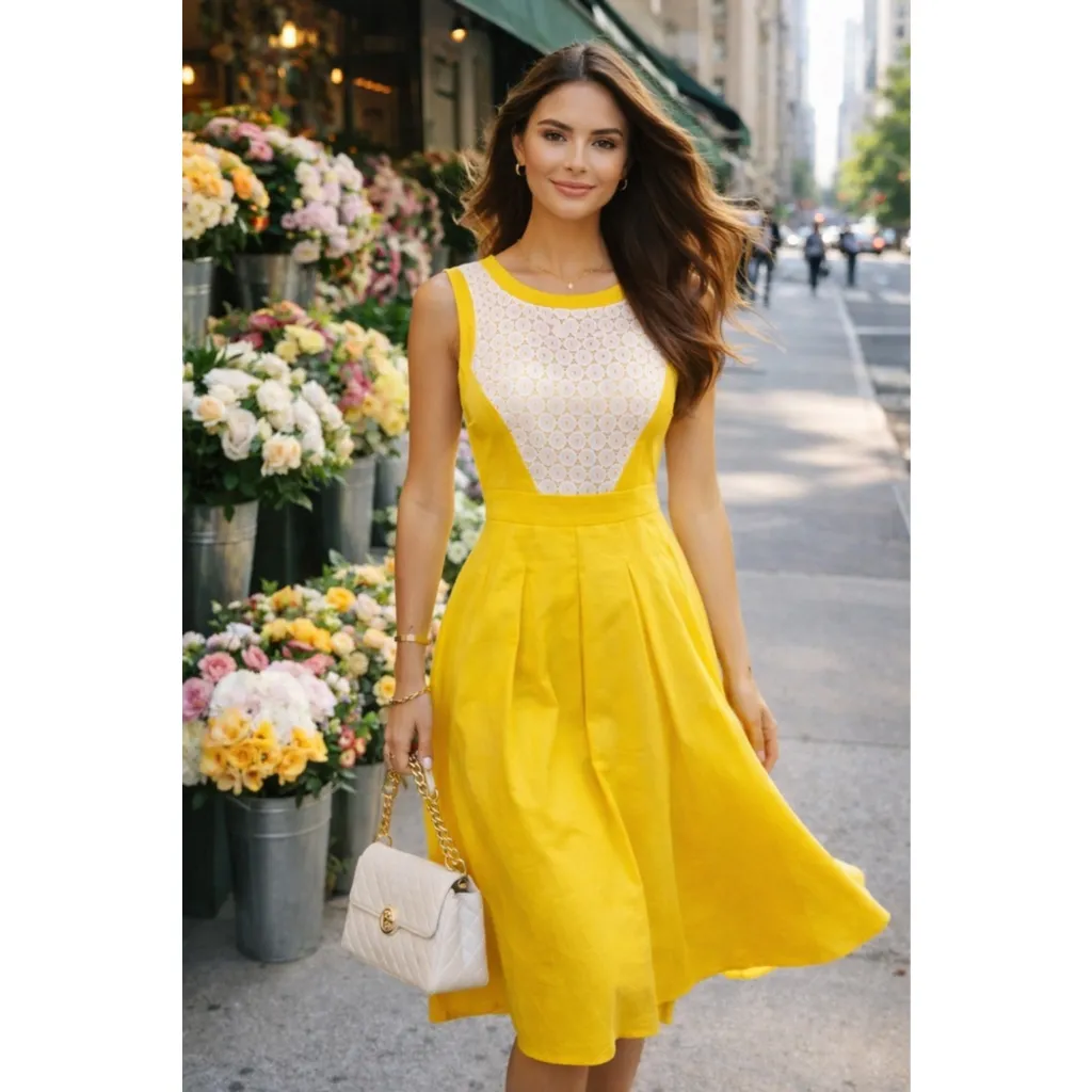 Vintage London Style Collection Yellow Lace Panel Midi Dress Coquette Cottage - Image 2