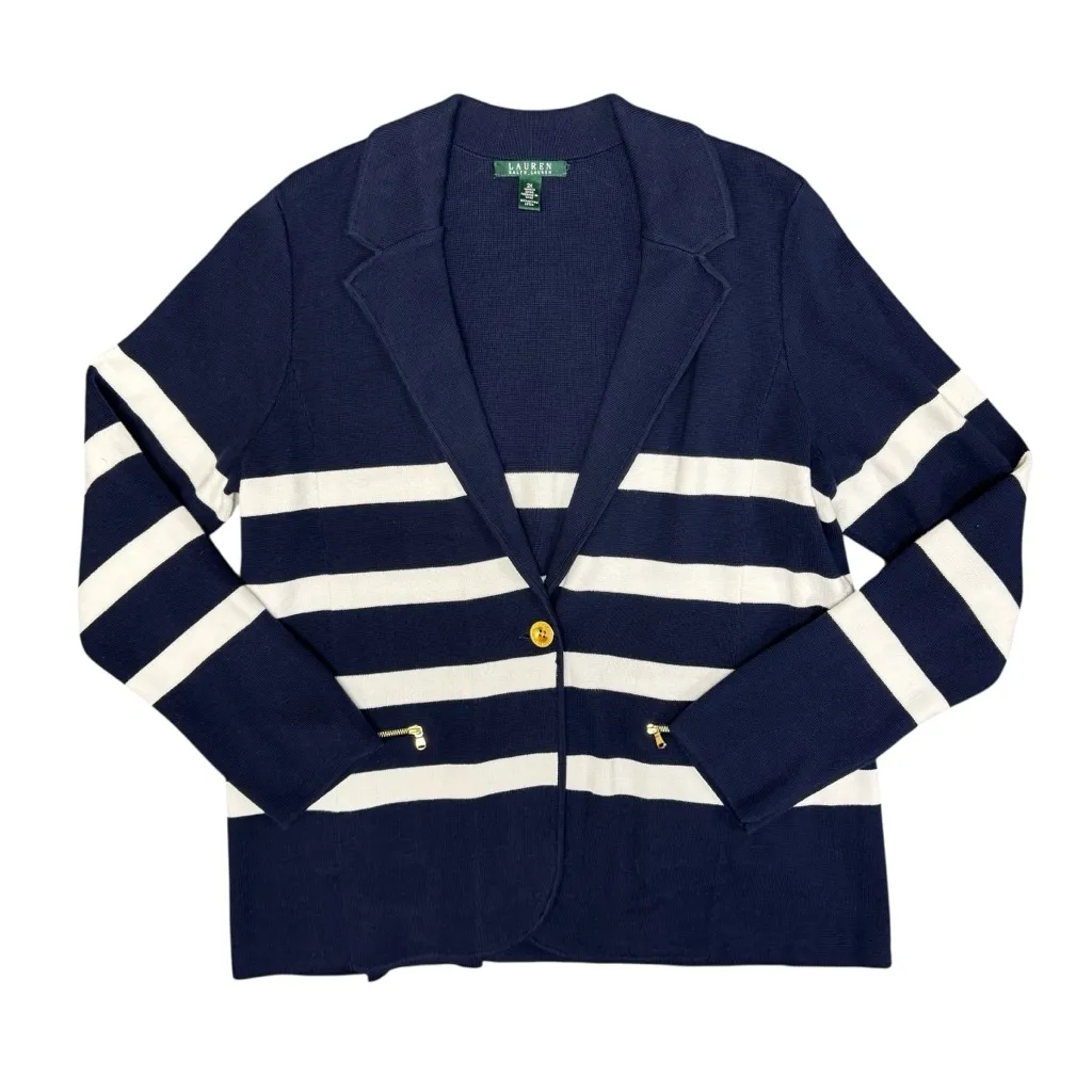 Lauren Ralph Lauren LRL Striped Cotton Knit Sweater Blazer Button Zippers 2X Blue - Image 4