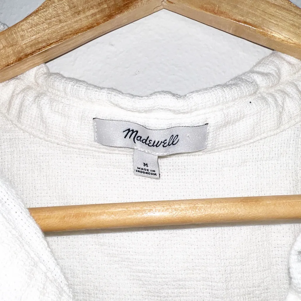 Madewell white linen blend button front cuffed waist length short sleeve top - Image 5