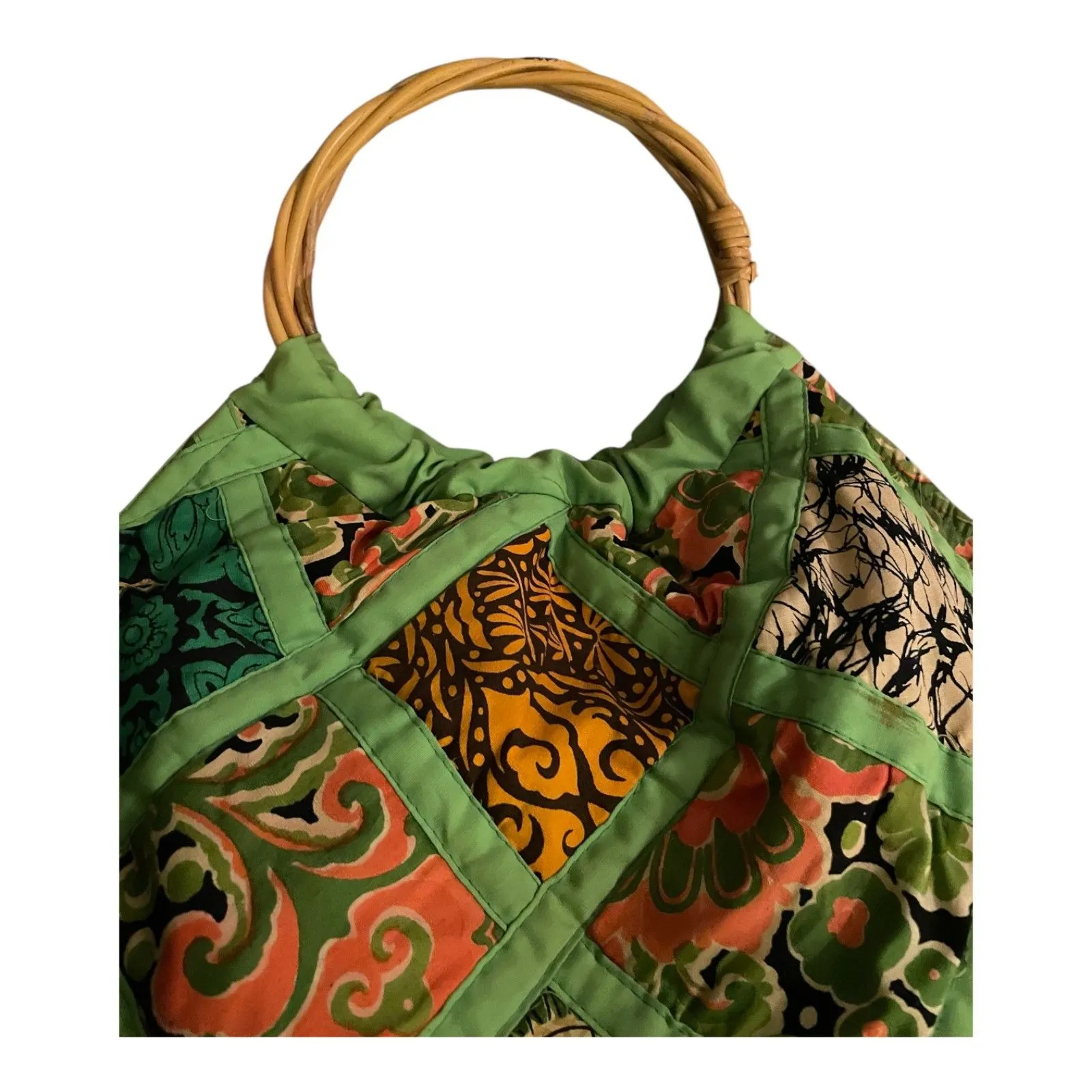 Vintage Handmade quilted patchwork hobo bag rattan handle water resistant lining Green - Image 9