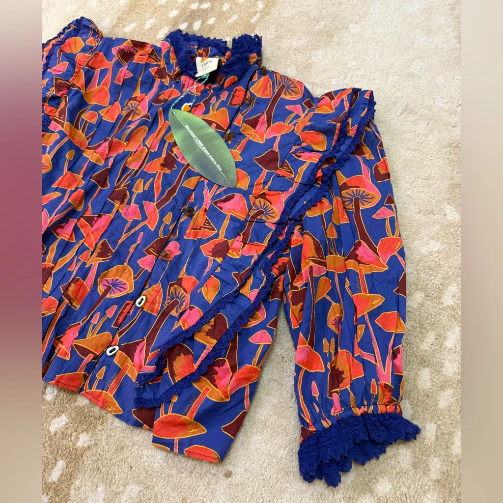 Farm Rio NWT Bright blue mushroom sketch blouse buttons women’s size XL - Image 3