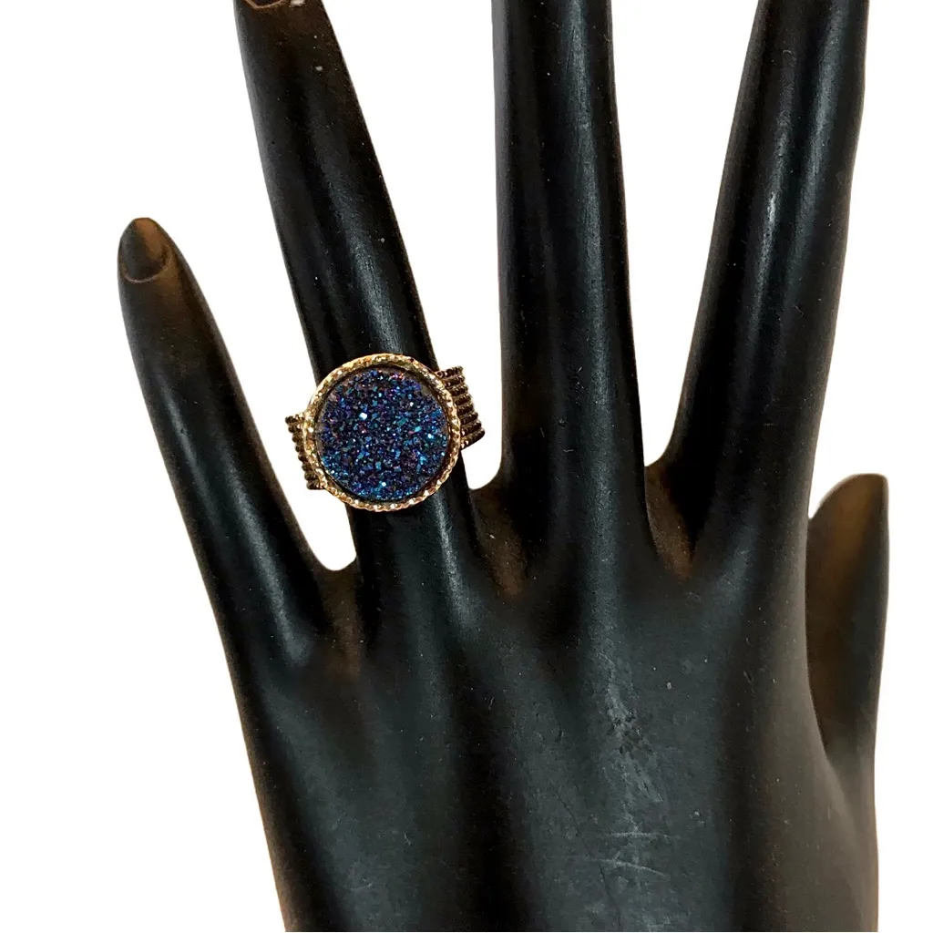 14K SOLID YELLOW GOLD WITH BLUE DRUZY QUARTZ STACKED WRAP STYLE RING (5.25) - Image 5