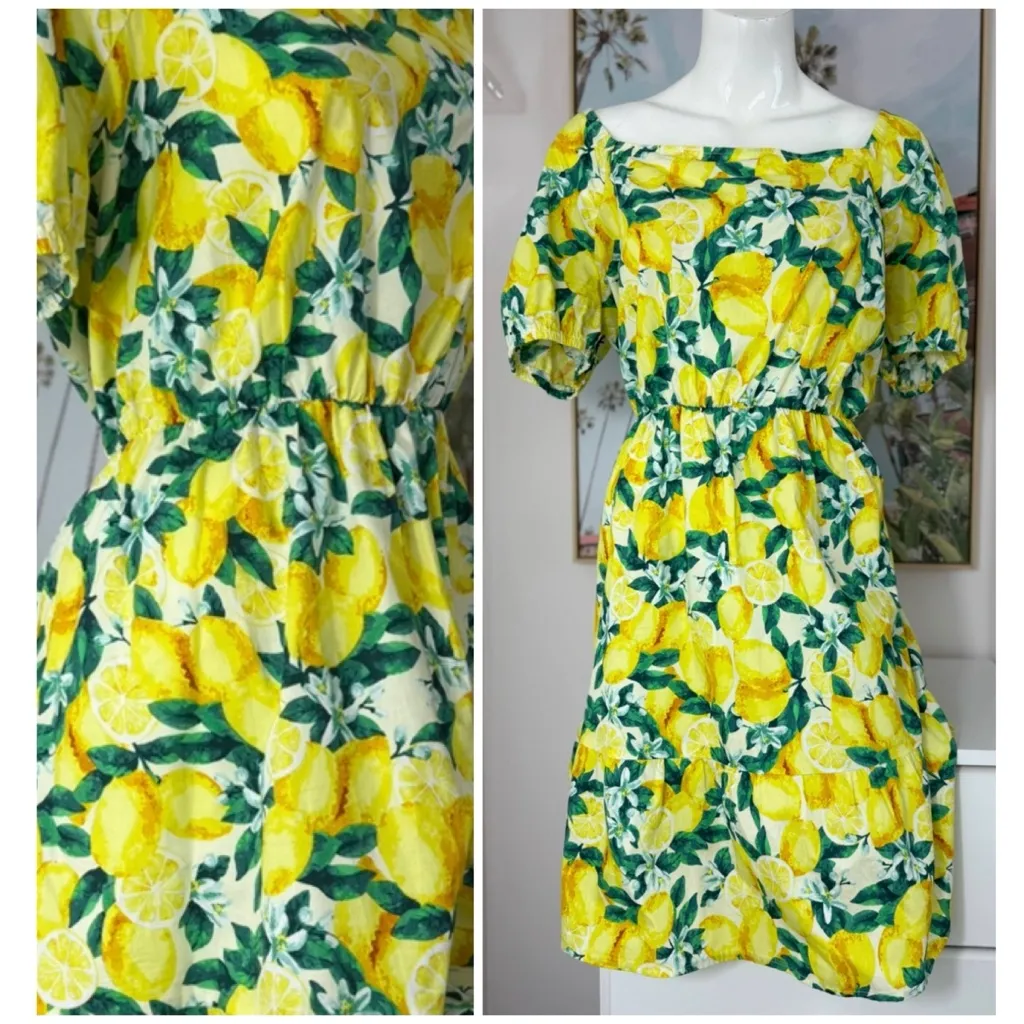 Chloe + Rene Yellow Green Lemon Print Cotton Short Dress Size Large - Image 2