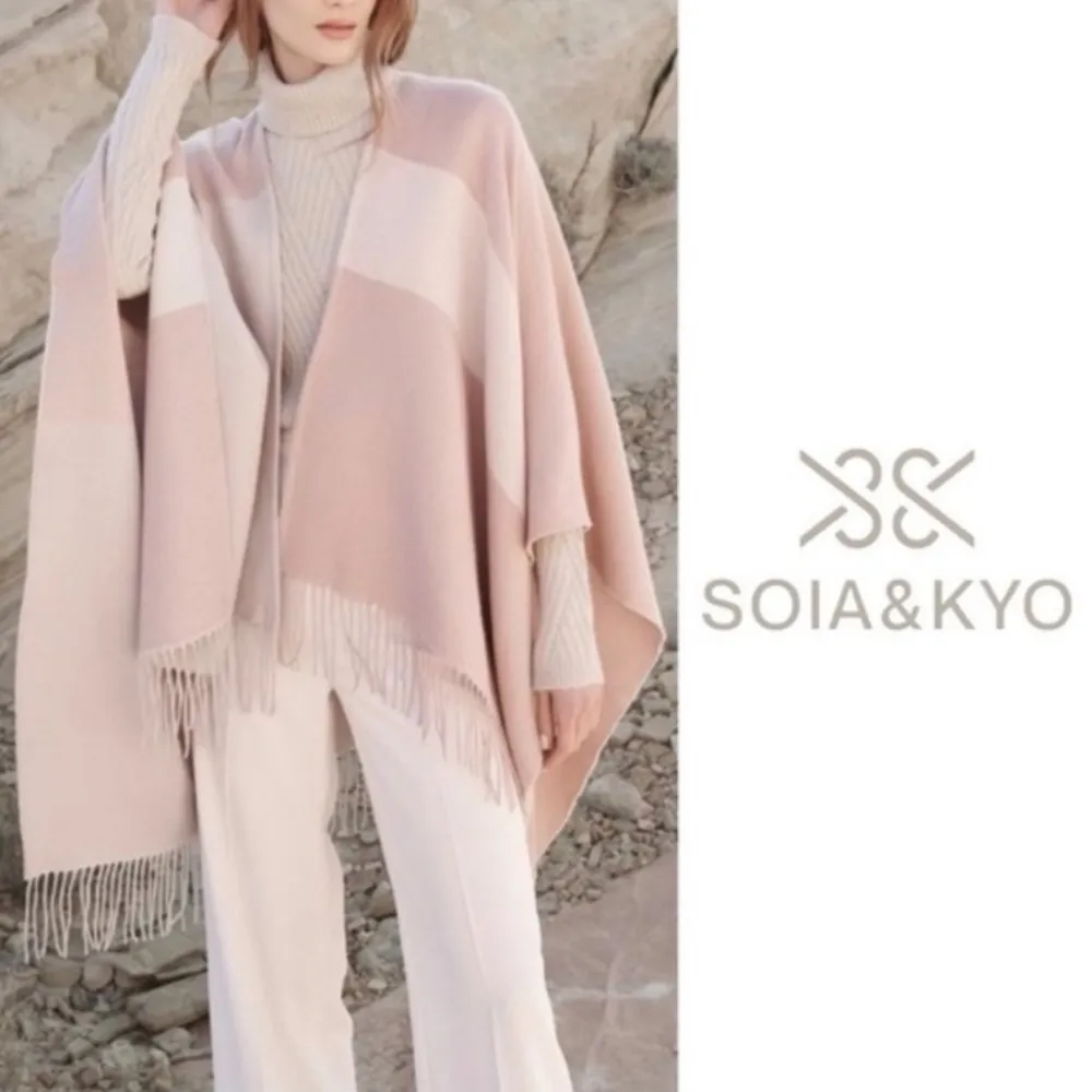 NEW Soia & Kyo Yadira Colorblock Fringe Scarfigan Cape Shawl Shrug Neutral Knit - Image 4