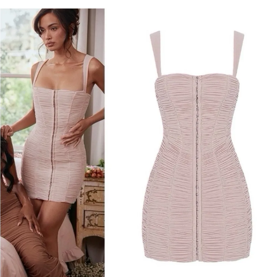 NWT House‎ of CB Cate Crystal Grey Ruched Mesh Mini Dress Sz Large $195 - Image 5