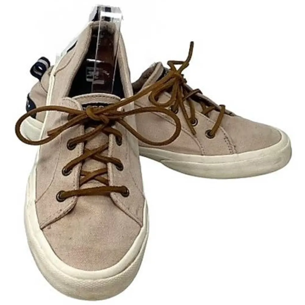 SPERRY Crest Vibe Oat Beige Linen Sneaker Cowhide Leather Laces ~ Women's Size 8 - Image 5