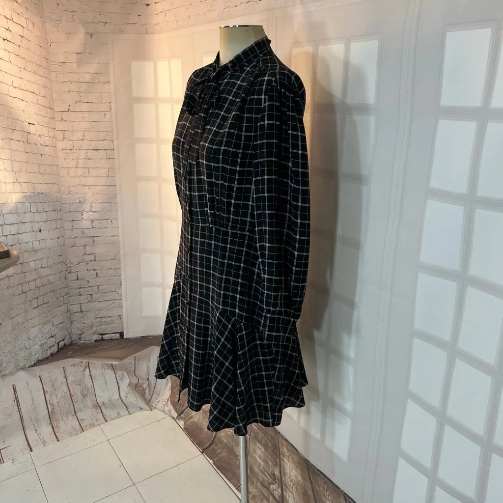 Rebecca Taylor Black Plaid Bow Tie Neck Long Sleeve Mini Silk Dress Size 8 - Image 4