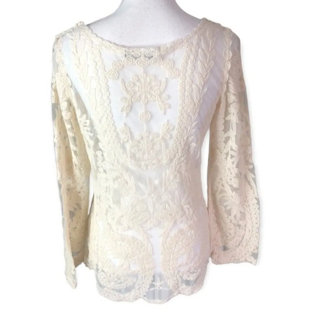 You Are Not Alone Ivory Lace Crochet Mesh Long Sleeve Top White Size L - Image 5