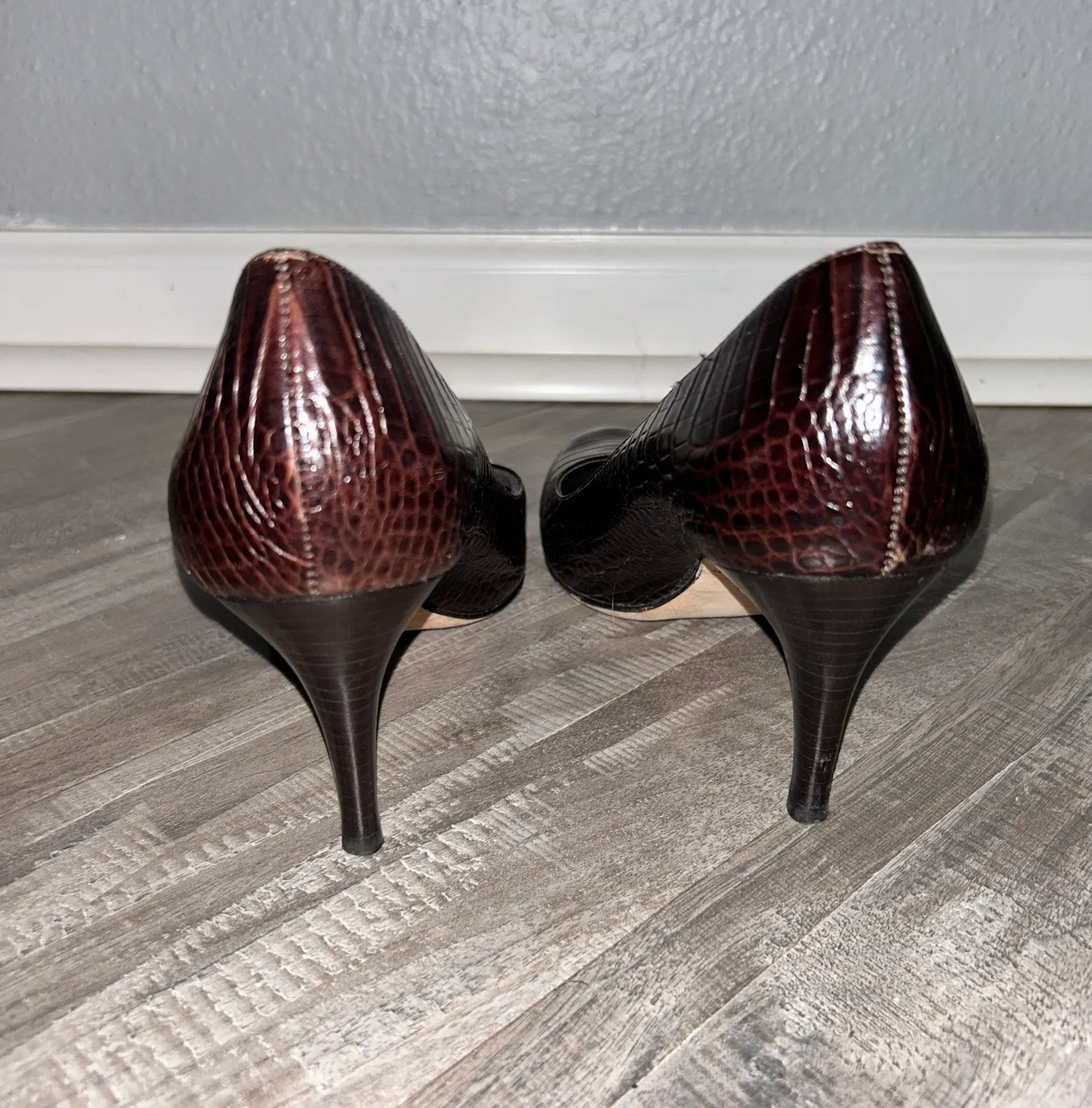 Dark Brown Alligator Style Textured Leather Pumps Size 8 - Image 4