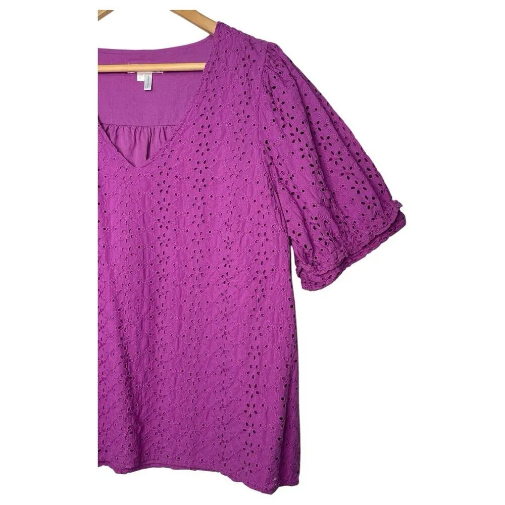Draper James Top Womens L Eyelet V Neck Short Bubble Sleeve Embroidered Purple - Image 5