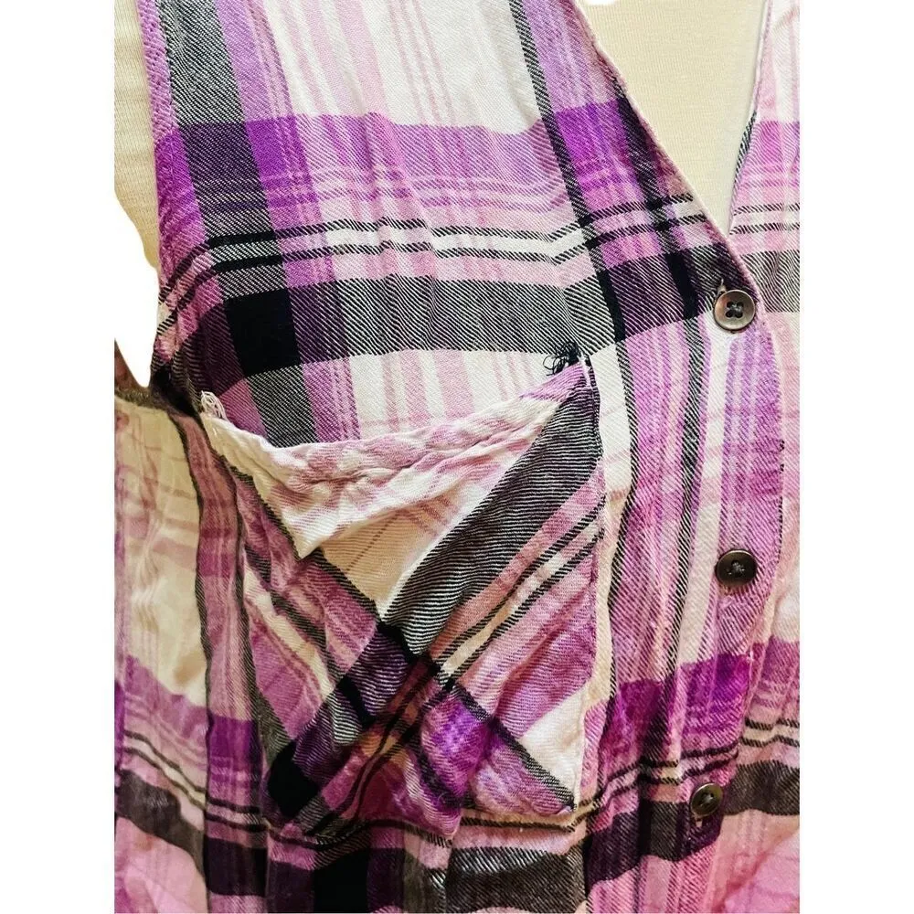 Rock & Republic Purple Checkered Split Back Sleeveless Button Front 100% Rayon B - Image 7