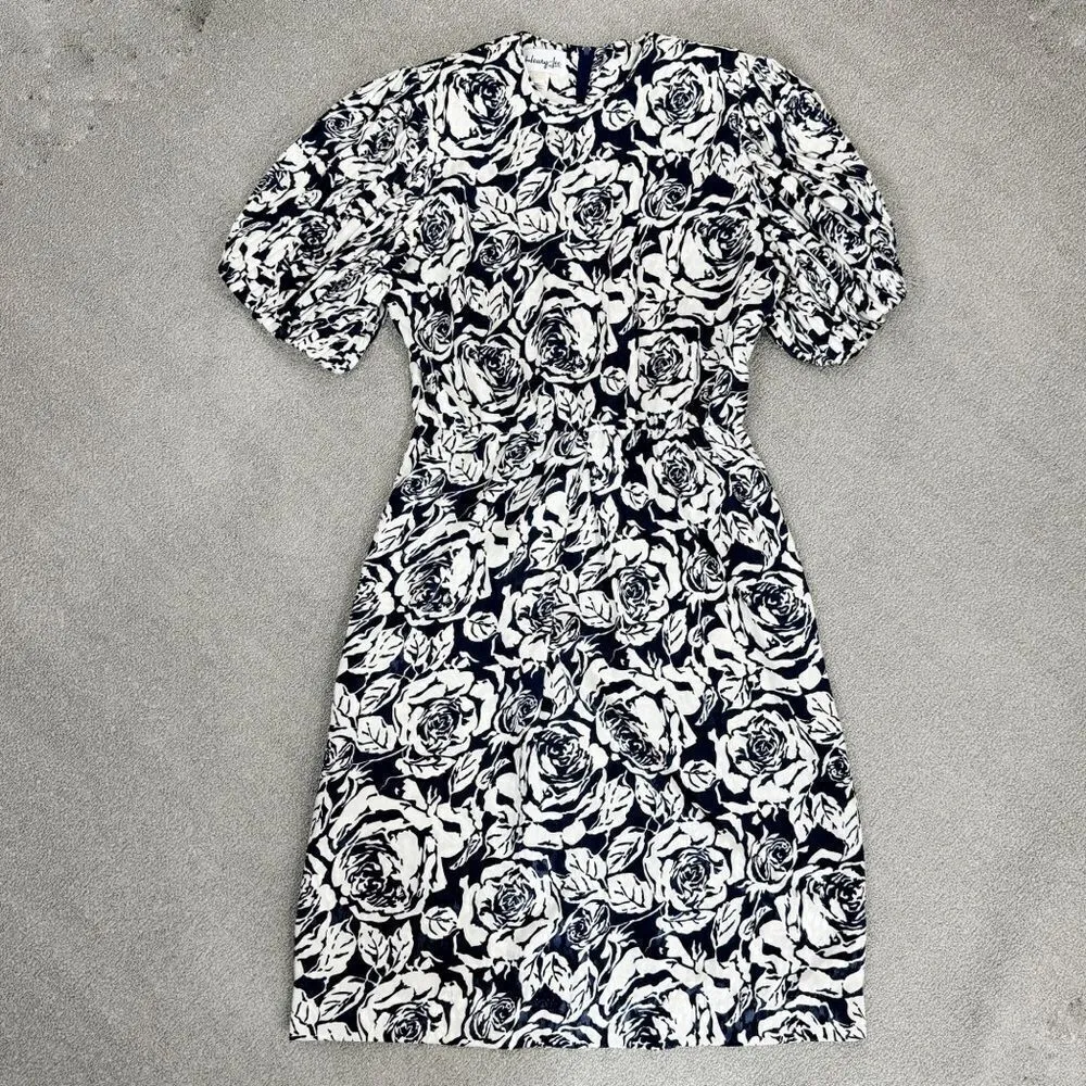Vintage‎ Henry Lee Floral Satin Jacquard Pleated Puff Sleeve Dress Blue White 12 Blue - Image 14