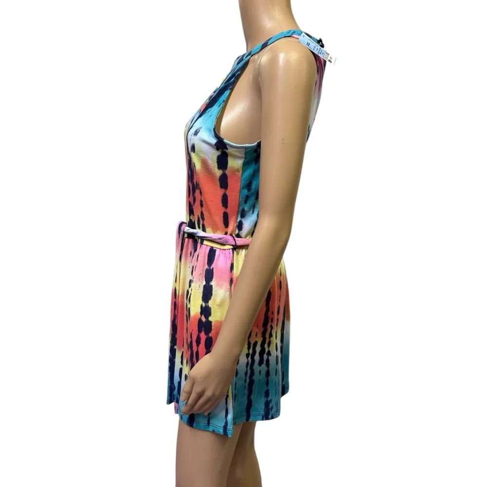 Derek Heart Tie Dye Criss Cross High Neck Keyhole Tie Belted Shorts Romper Large - Image 6