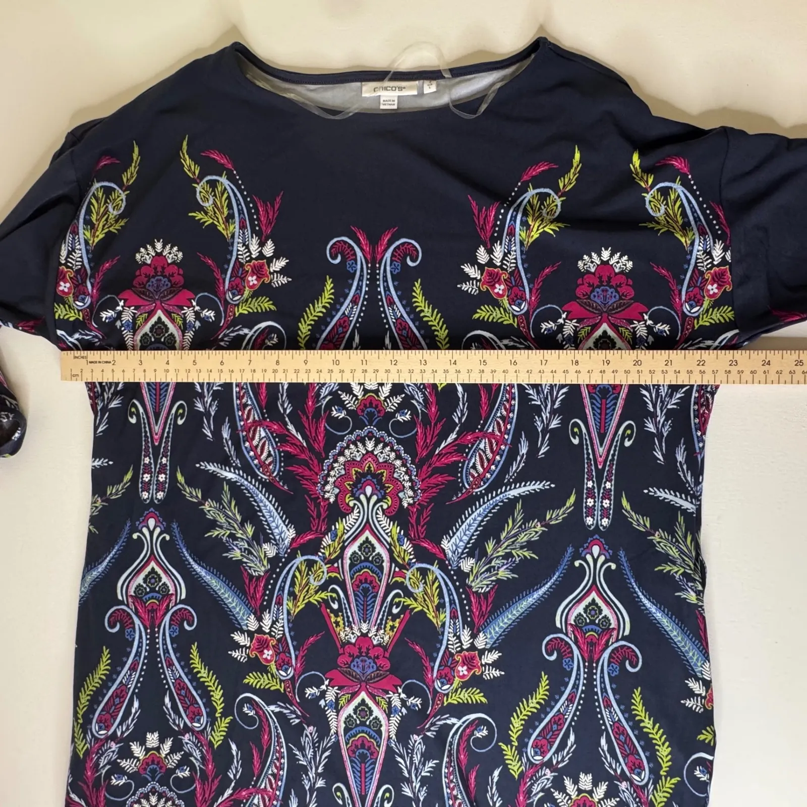 Chicos Ruched Sleeve Midi Dress Size 2 Large Multi Paisley Floral Stretch Office - Image 12