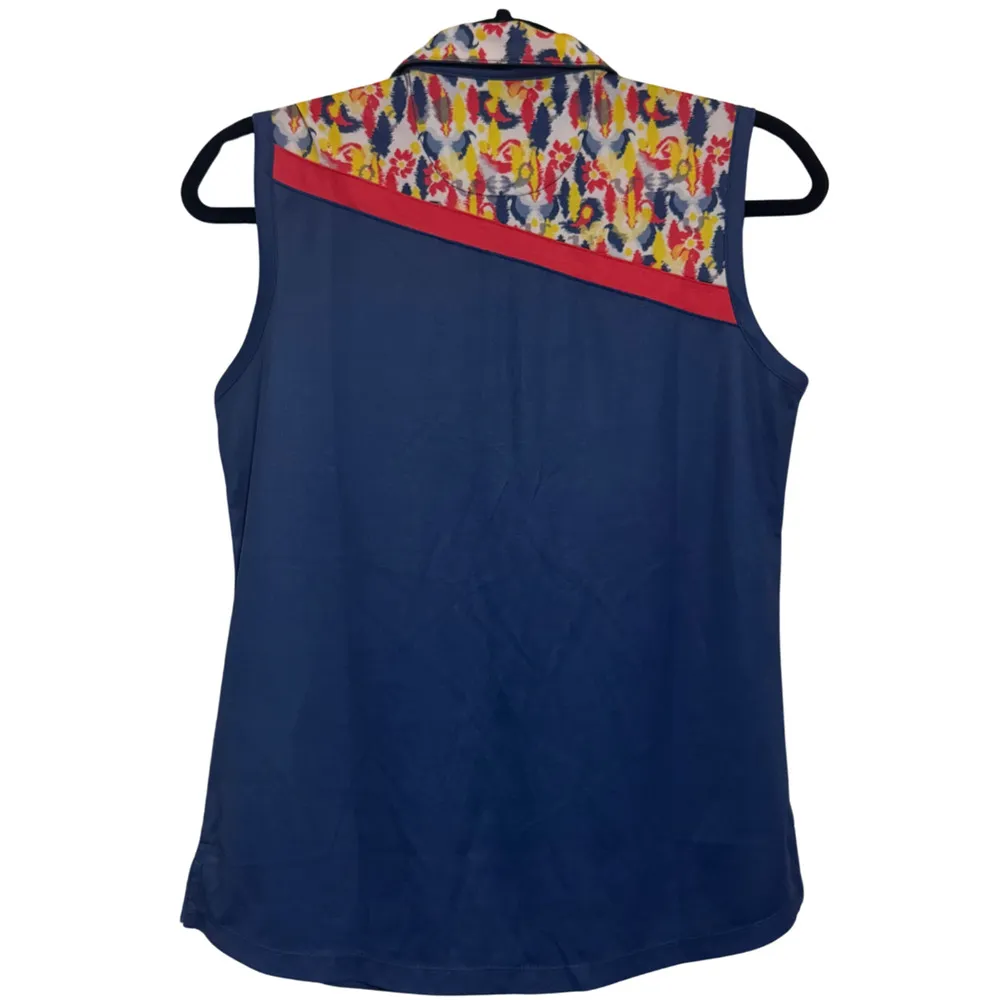 FRINGE Talia Sleeveless Collared Knit Stretch Golf Top Navy Peony Floral NWT XS - Image 4