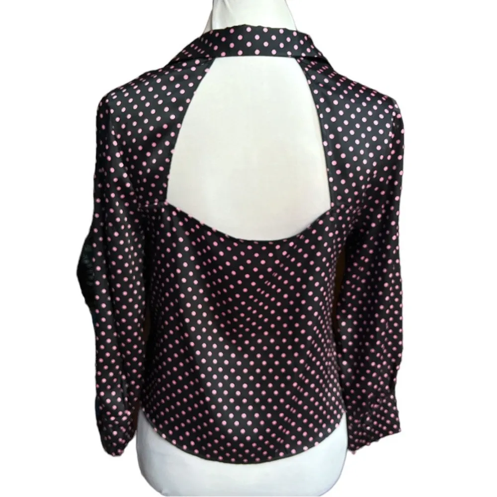 Zara Polka Dot Button Cropped Blouse Black Pink Size Small - Image 2