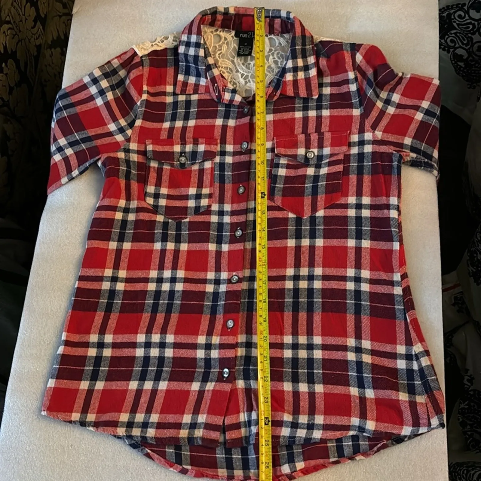 Rue21 Western Plaid Lace Long Sleeve Button Down Top M Costal Cowgirl Boho Chic - Image 6