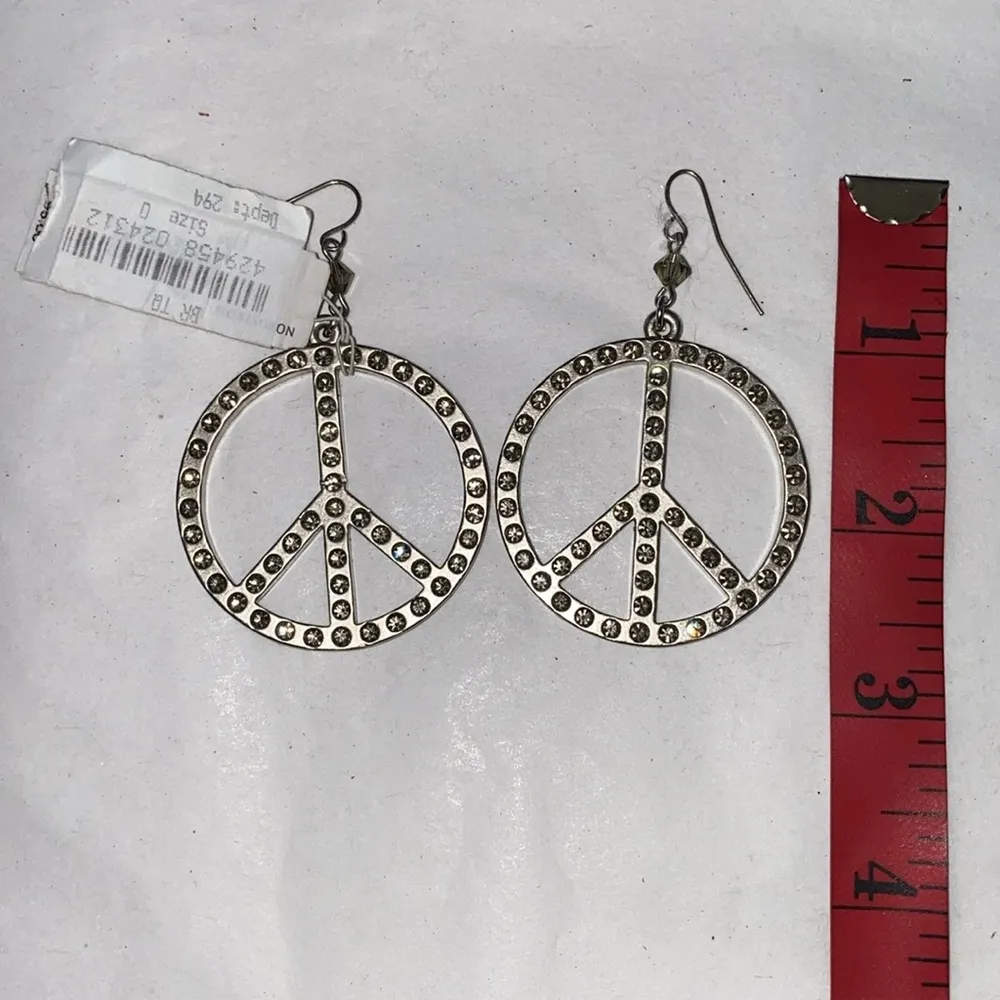 ☮️ Vintage Retro Sisi Amber Silver & Swarovski Crystal Peace Sign Drop Earrings - Image 7