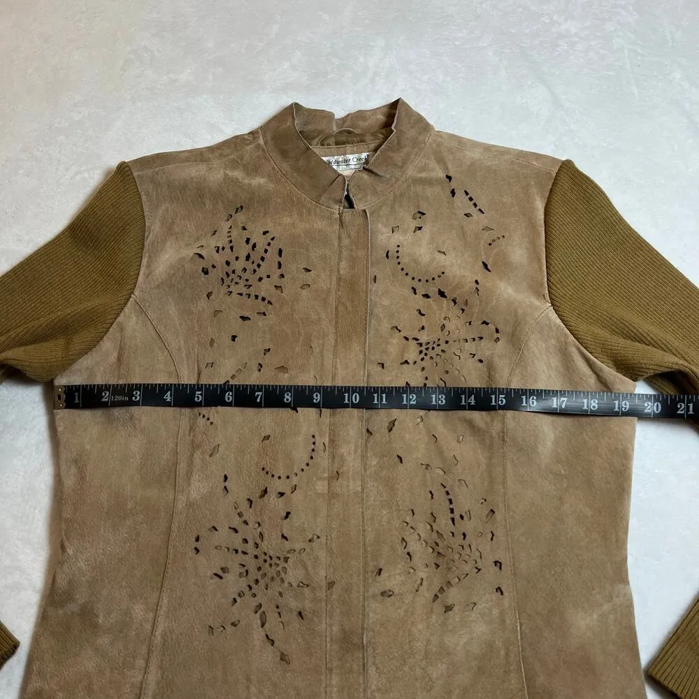 Coldwater Creek Suede Full Zip Jacket Size Med Laser Cutout Knit Ribbed Sleeves - Image 7