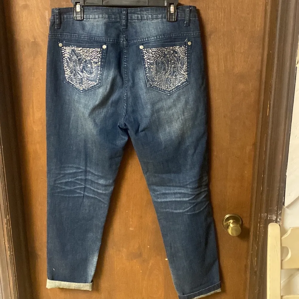 V Christina Rhinestones Embroidered Denim Jeans Blue Size 12 - Image 4
