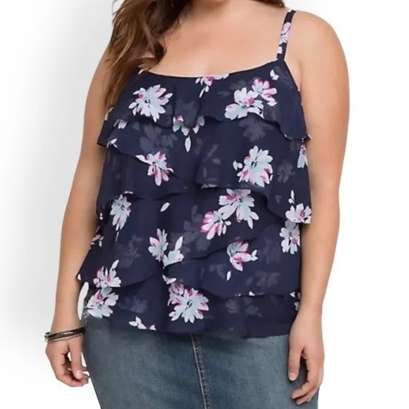 Torrid Navy Floral Chiffon Layered Ruffle Cami Top - Image 27