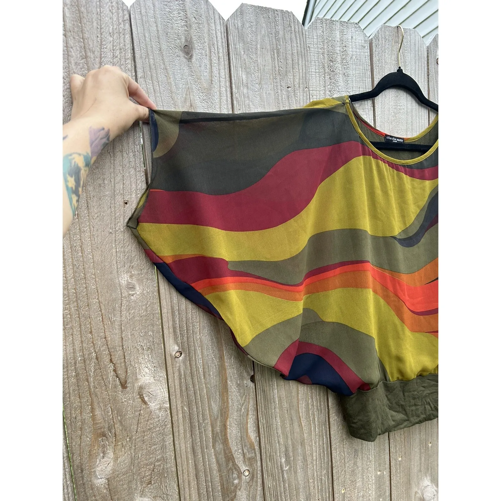 Cha Cha Vente | Multicolored Green Poncho‎ Top Size Small Summer Retro Blue - Image 4