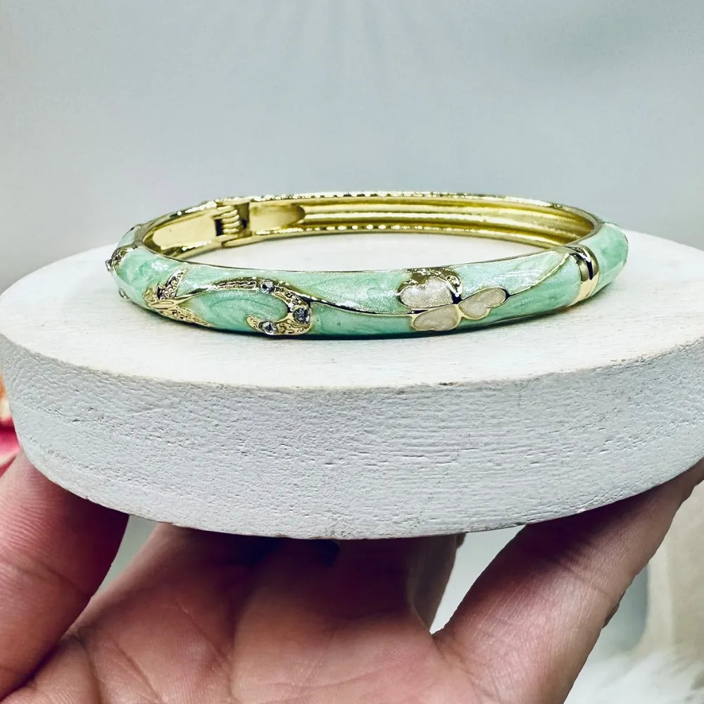 Green Flower Enamel Cloisonne Bracelet Bangle - Image 5