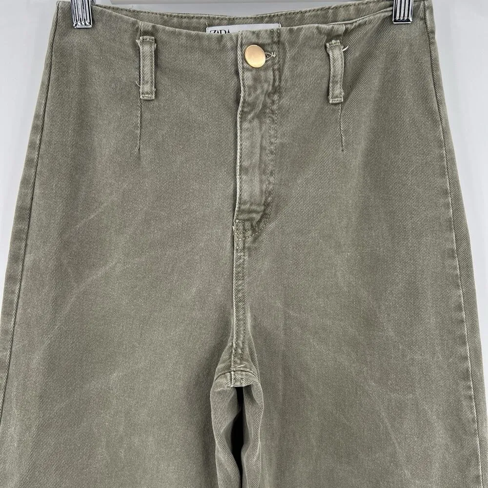 Zara Wide Leg Jeans Dark Green Wash High Rise Cotton Cropped Women’s Size 2 - Image 2