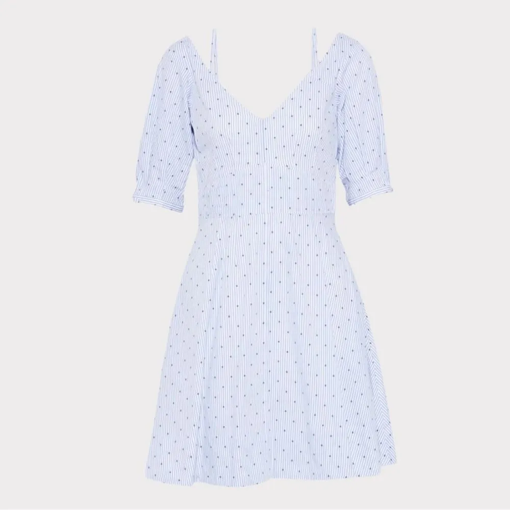 Derek Lam 10 Crosby Poplin Pinstripe Polka Dot Fit Flare‎ Dress Blue Size 2 - Image 4