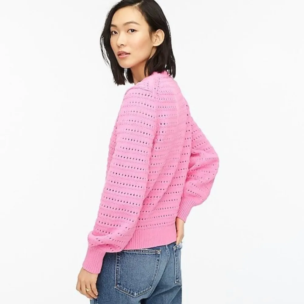J Crew Pink Pointelle Pullover Sweater Top Balloon Crew Crochet Cotton Knit M - Image 2